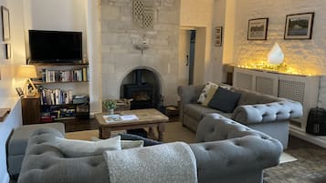 Smart TV, fireplace, DVD player, books