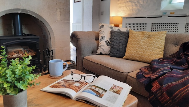 Een gezellige woonkamer met een open haard, een bank met gekleurde kussens, een tafel met een boek en glazen, en een potplant.