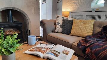 Een smart-tv, een open haard, een dvd-speler en boeken