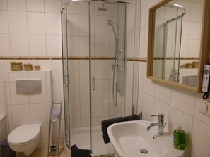 A bathroom with a glass-enclosed shower, a toilet, a sink, and a mirror. - Apartment Goethe (Jena)