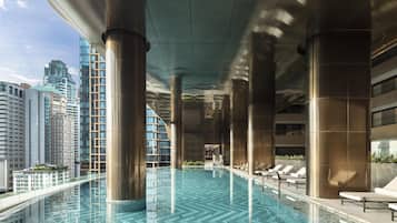 Outdoor pool, pool umbrellas, pool loungers
