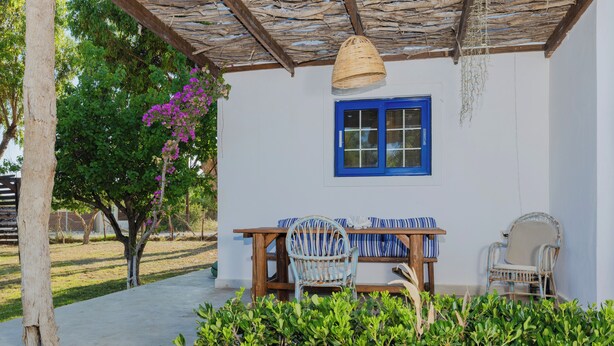 A covered outdoor seating area with a table and chairs, a blue-framed window, and a hanging basket. - Beachfront Cabana @ EcoBeach Hotel (Gennadi)