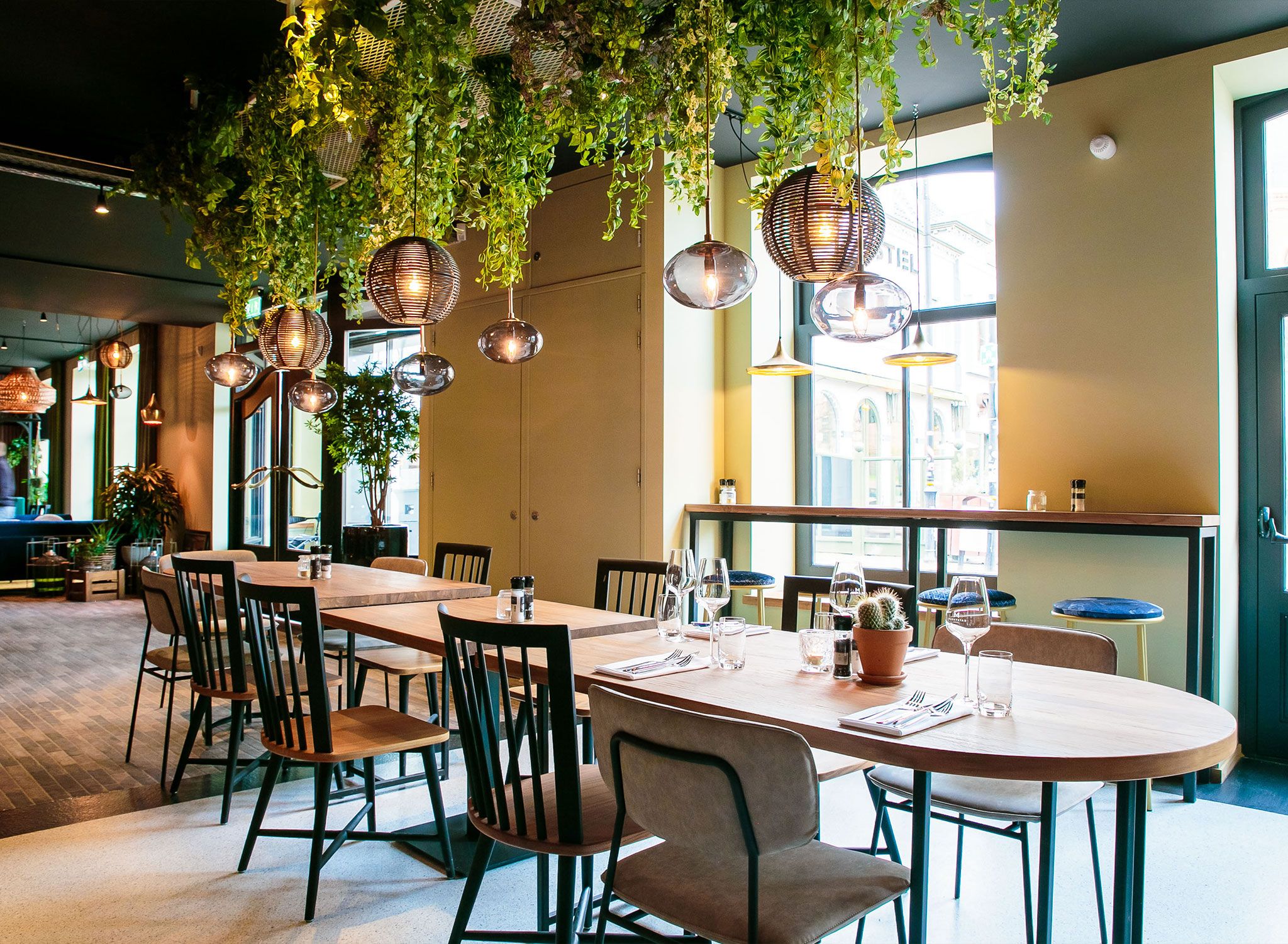 A dining area with tables, chairs, hanging plants, and pendant lights.