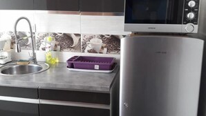 Une cuisine moderne équipée d’un évier en acier inoxydable, d’un four à micro-ondes et d’un réfrigérateur.