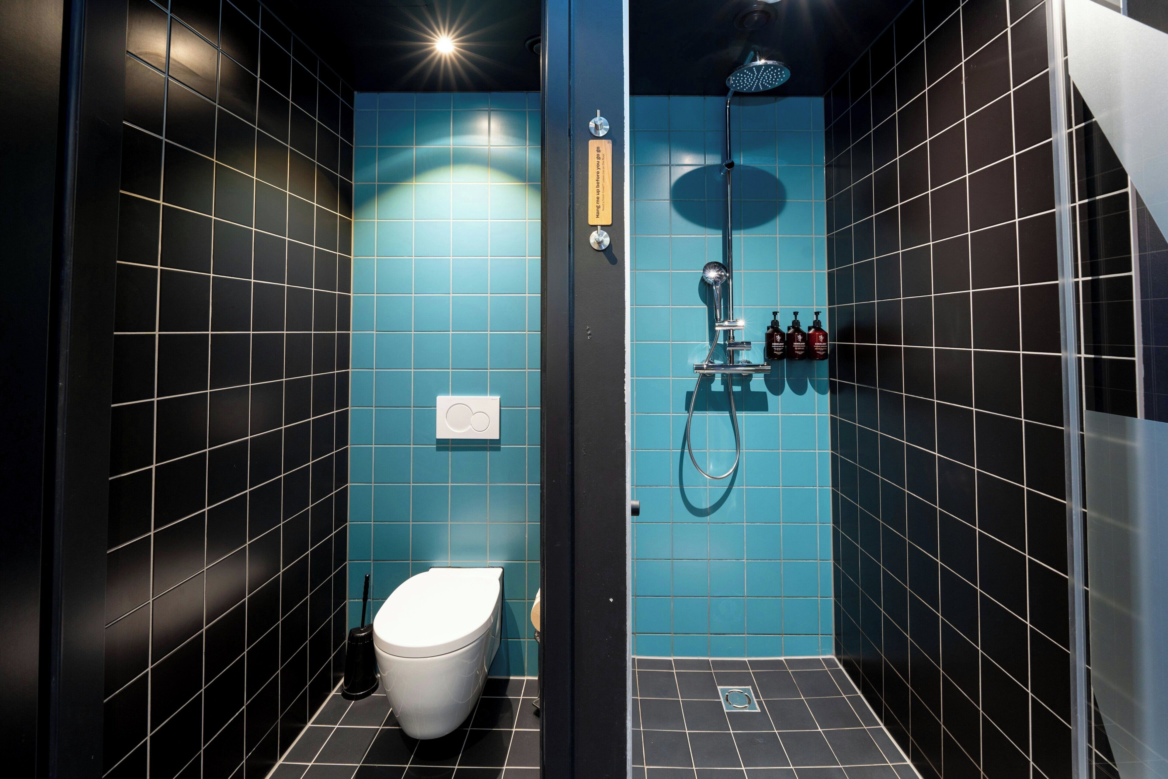 Ein Badezimmer mit Toilette, Dusche und Waschbecken.