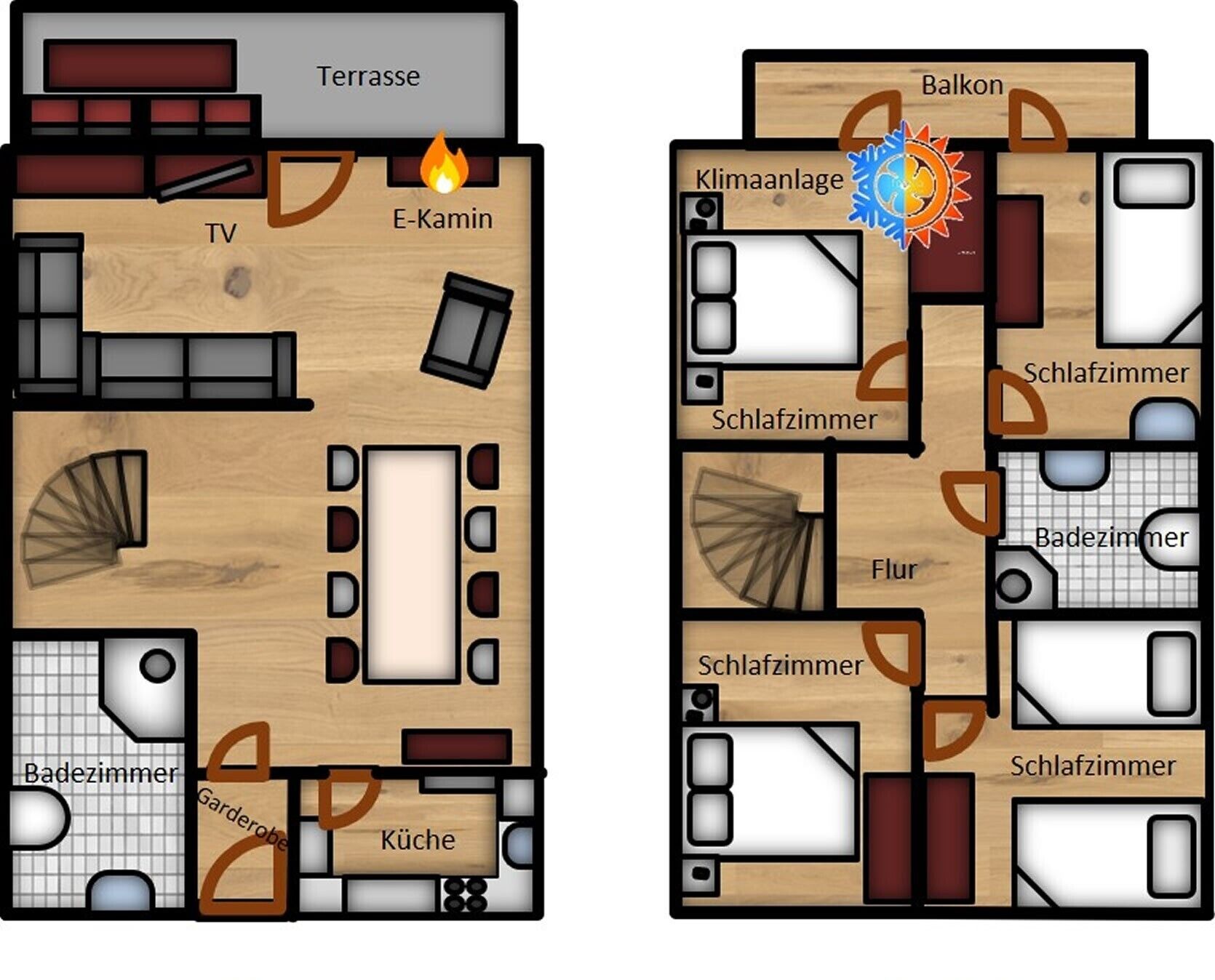 Two floor plans of a hotel with a terrace, TV, E-Kamin, kitchen, and multiple bedrooms.