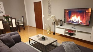 Moderni olohuone, jossa on harmaa sohva, sohvapöytä, televisio ja takka.