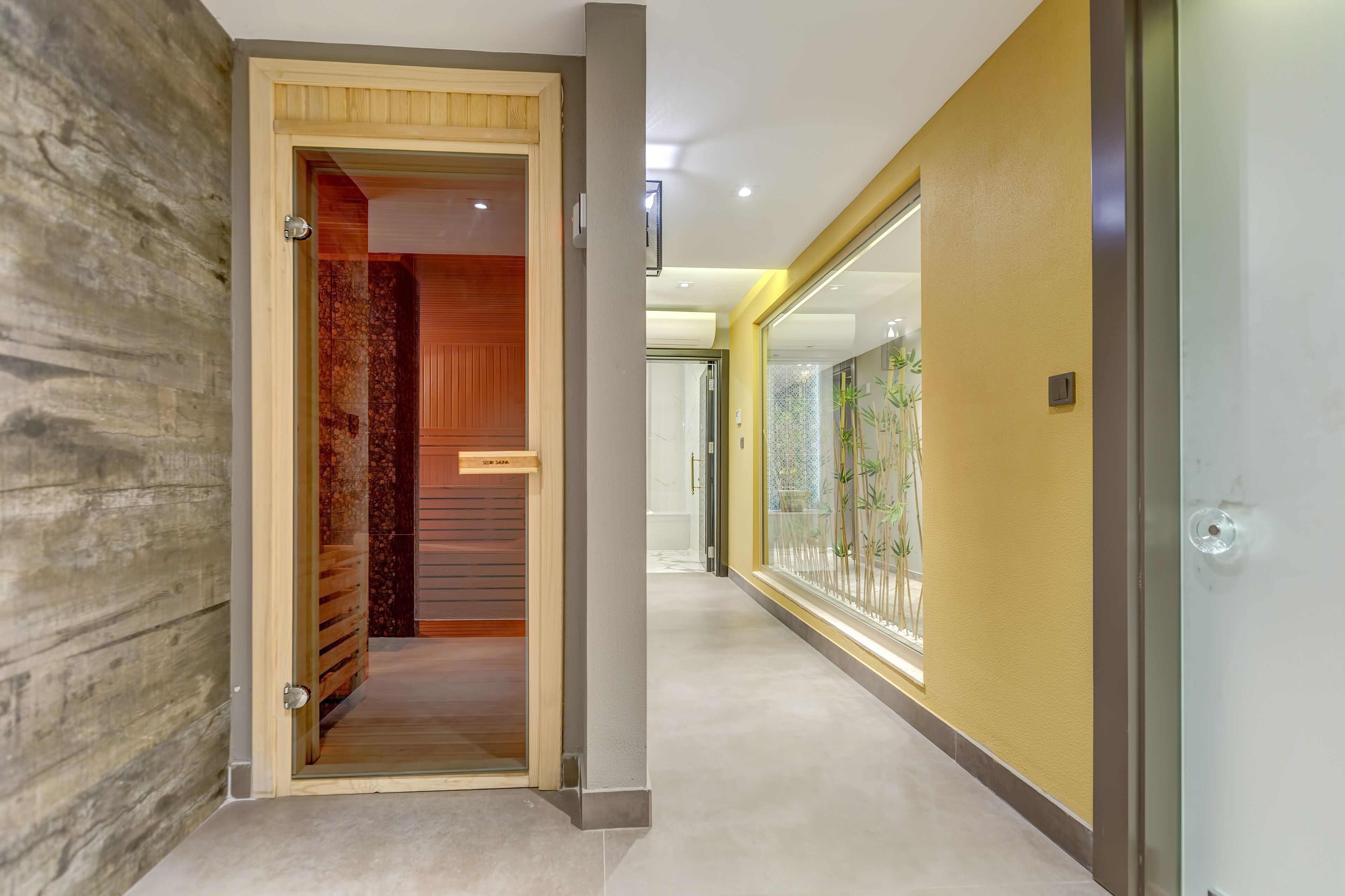 Un couloir avec une porte en bois qui mène à une pièce dotée d’un plancher en bois et d’une porte en verre. Le couloir a un mur jaune et une fenêtre en verre ornée de plantes.