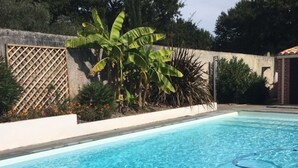 Een zwembad met helderblauw water, omgeven door een witte muur en verschillende planten.