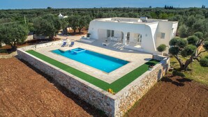 A modern villa with a rectangular swimming pool, stone walls, and a garden with olive trees. - Villa Specchia (Carovigno)
