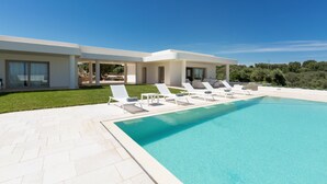 Una casa moderna con piscina, fachada blanca y césped bien cuidado.