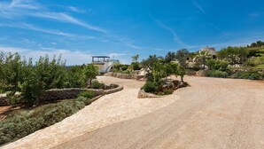 A paved driveway leading to a building with a modern design, surrounded by landscaped gardens and trees. - Villa Elaion (Salve)