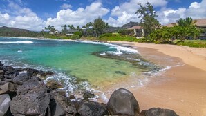 A beach with clear turquoise water, rocky shoreline, and beachfront properties with palm trees.