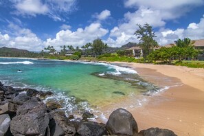 Une plage à l’eau turquoise et limpide, avec un rivage rocheux et des propriétés situées en bord de mer, agrémentées de palmiers.