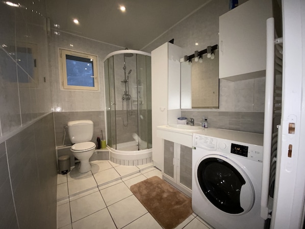 Shower, towels, toilet paper