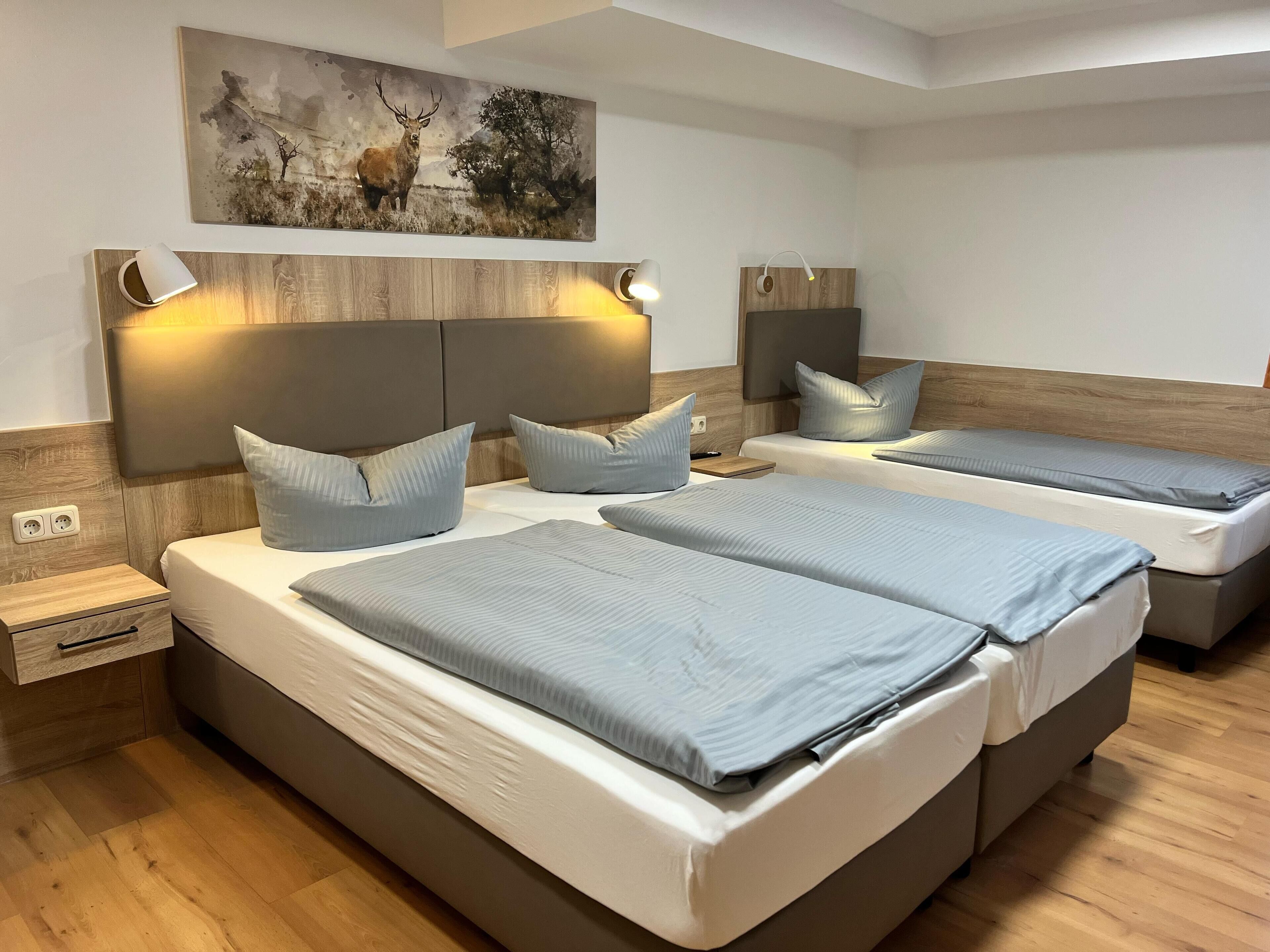 A modern hotel room with a large bed, two bedside tables, and a wall-mounted painting.