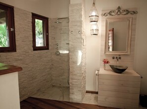 Shower, hair dryer, towels