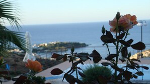 A garden with roses and a view of the sea and a bridge in the background. - Agnanti Villas magnificent view, perfect for families and group up to 15 guests  (Heraklion Crete Agia Pelagia)