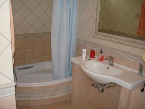 Combined shower/bathtub, hair dryer, towels, toilet paper