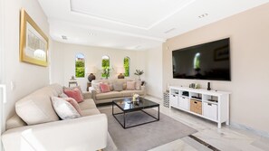 Smart TV, fireplace, DVD player, music library