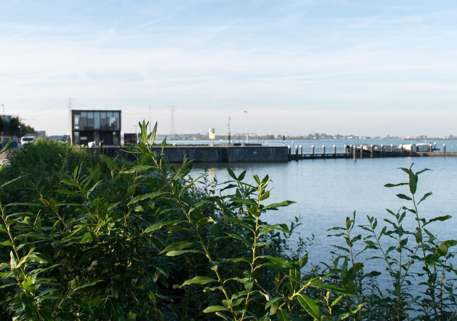 A waterfront view with a modern building, a dock, and a clear sky.