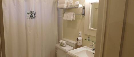 Une salle de bain équipée d’un rideau de douche, de toilettes, d’un lavabo et d’un miroir.
