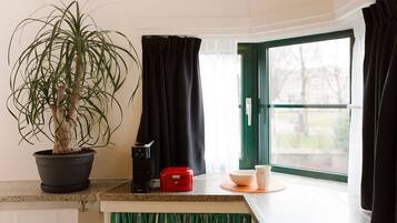 A kitchen counter with a potted plant, a red box, and a coffee maker.
