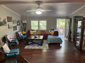 Smart TV, fireplace, table football, books