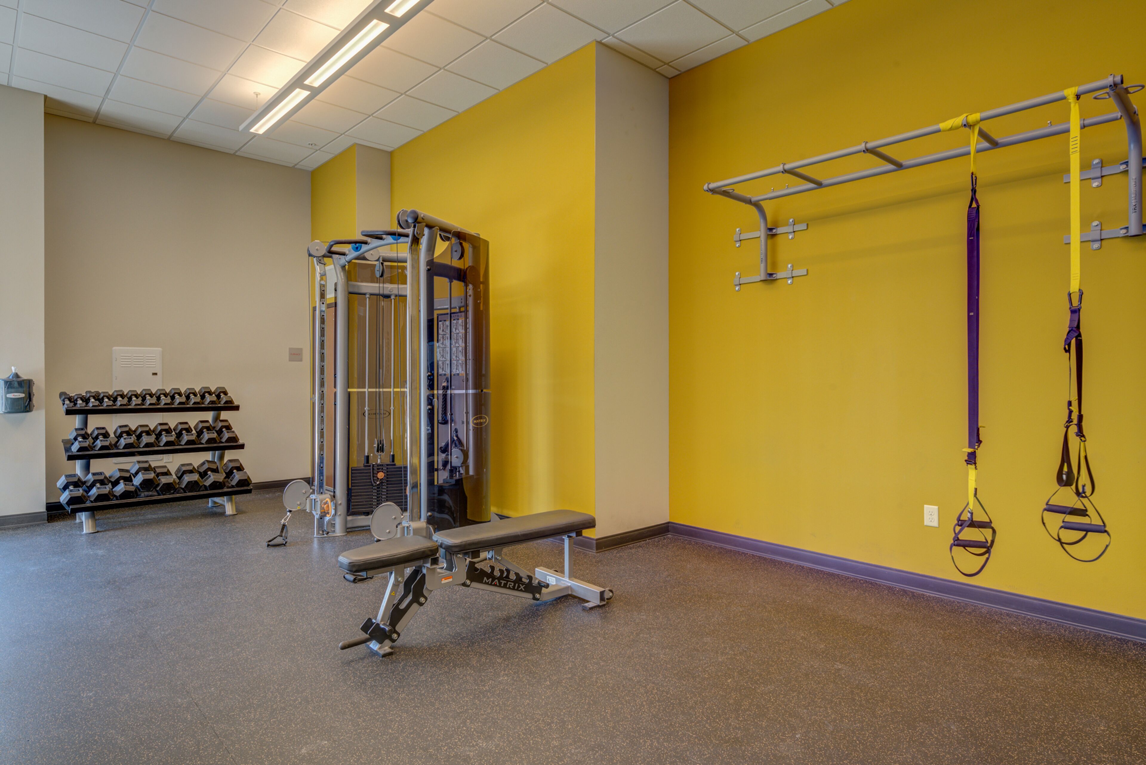 A gym with weightlifting equipment, dumbbells, and resistance bands.