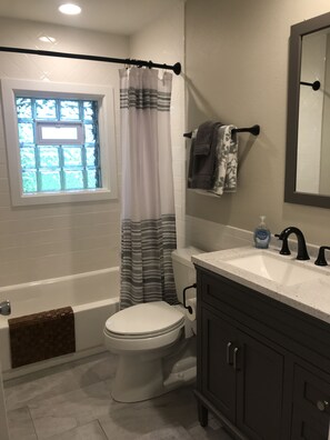 Combined shower/tub, hair dryer, towels, soap