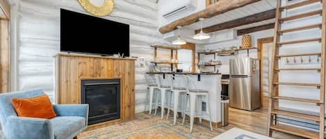 Flat-screen TV, fireplace, offices