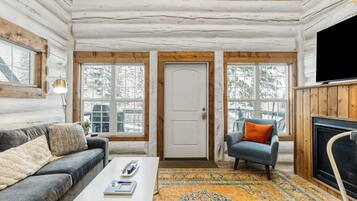 Flat-screen TV, fireplace