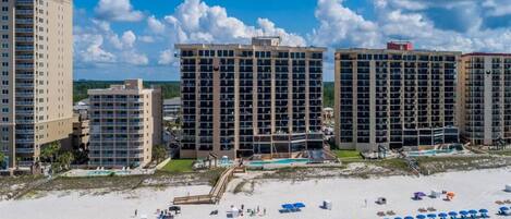 On the beach, sun loungers