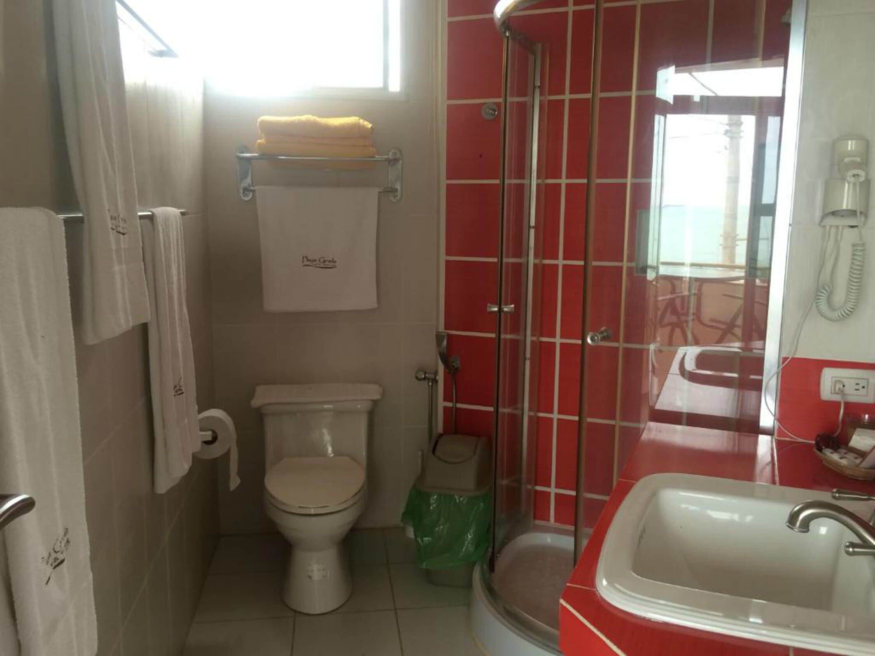 A bathroom with a toilet, a shower, and a sink.