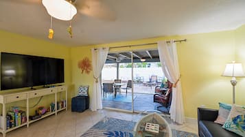 Smart TV, chimenea, libros y biblioteca musical