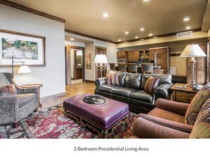 Flat-screen TV, fireplace, DVD player, stereo