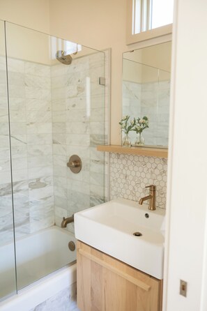 Hair dryer, towels, soap, shampoo