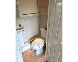Een kleine badkamer met toilet, wastafel en kast.