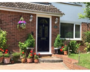 Een bakstenen huis met een zwarte voordeur, nummer 31, en een kleine voortuin met potplanten en bloemen.