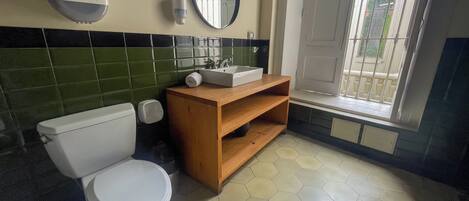 A bathroom with a toilet, a sink, a mirror, and a window with a view of the outside.