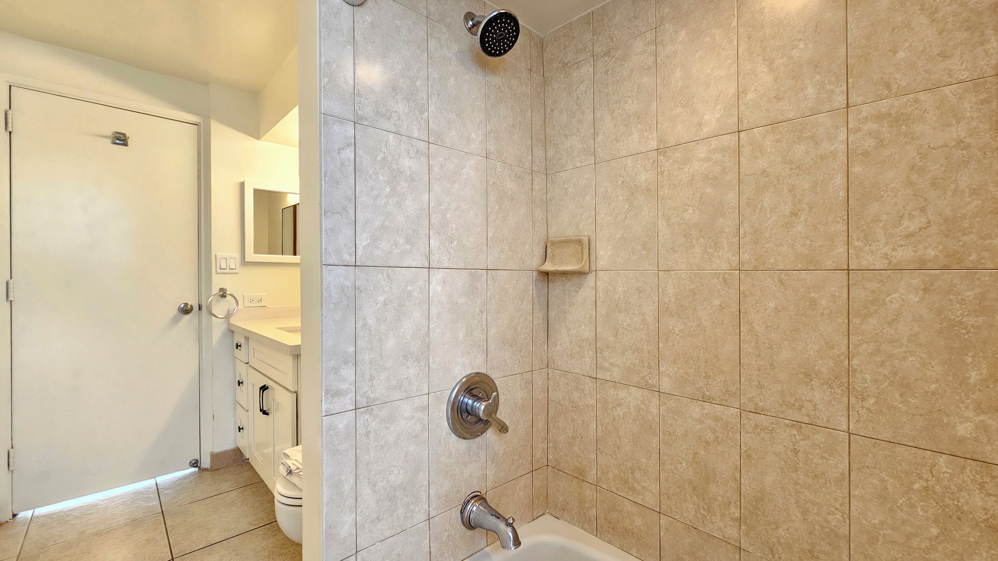 Combined shower/tub, hair dryer, towels, soap