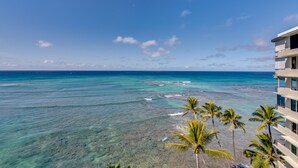 Un hôtel situé en bord de mer, offrant une vue dégagée sur l’océan et les palmiers.