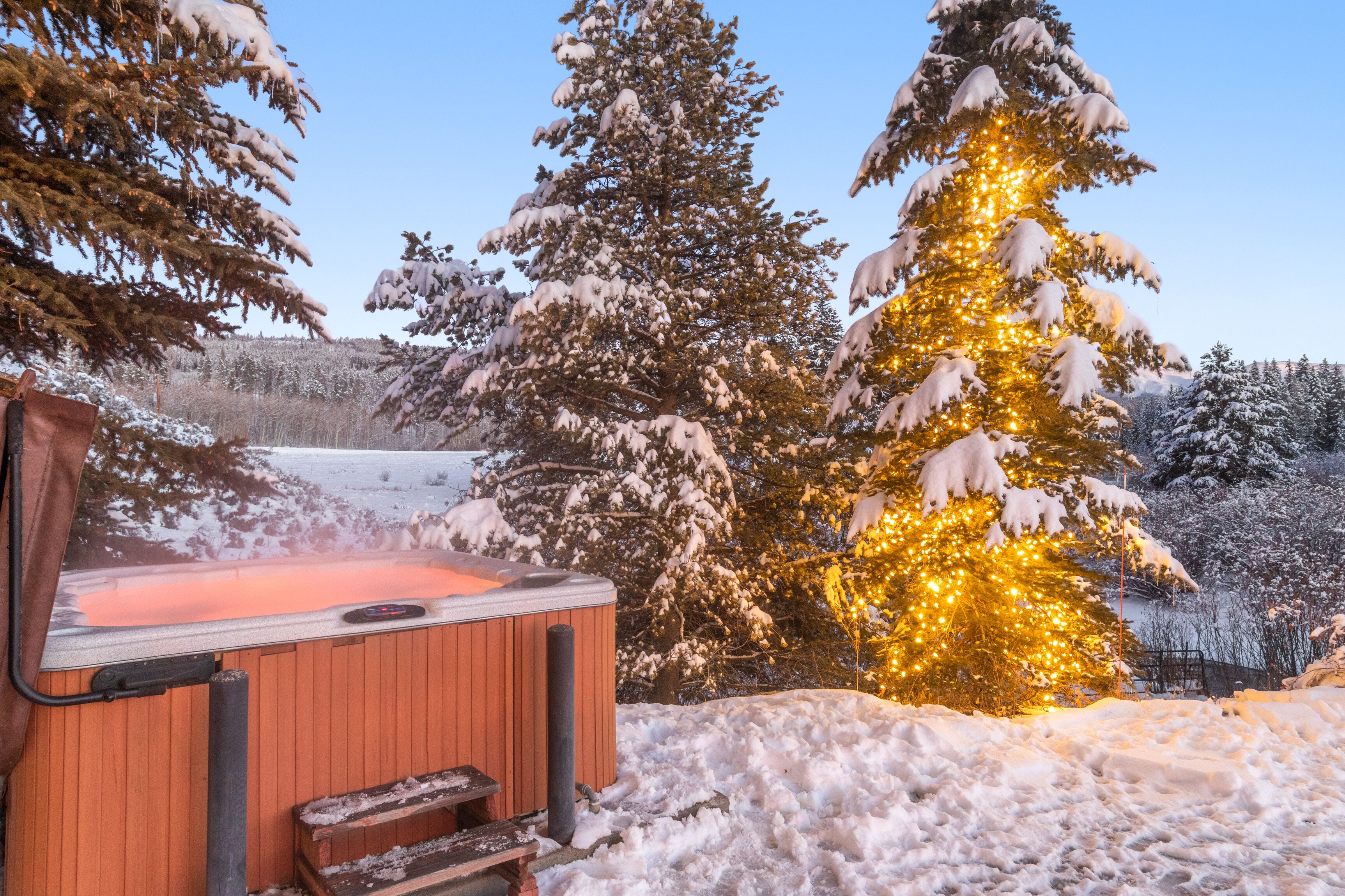 A hot tub surrounded by snow-covered trees and a lit Christmas tree.