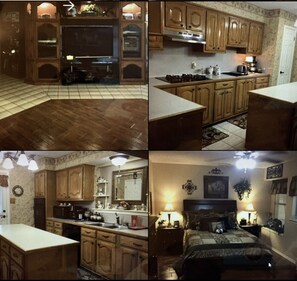 Kitchen features a central island and range hood, while the bedroom offers a bed and a nightstand with a lamp.