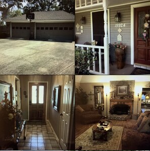 Welcome to this charming home, featuring a garage, porch, and cozy living spaces with a fireplace and dining area.