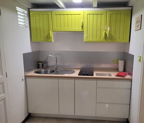Fridge, microwave, stovetop, coffee/tea maker