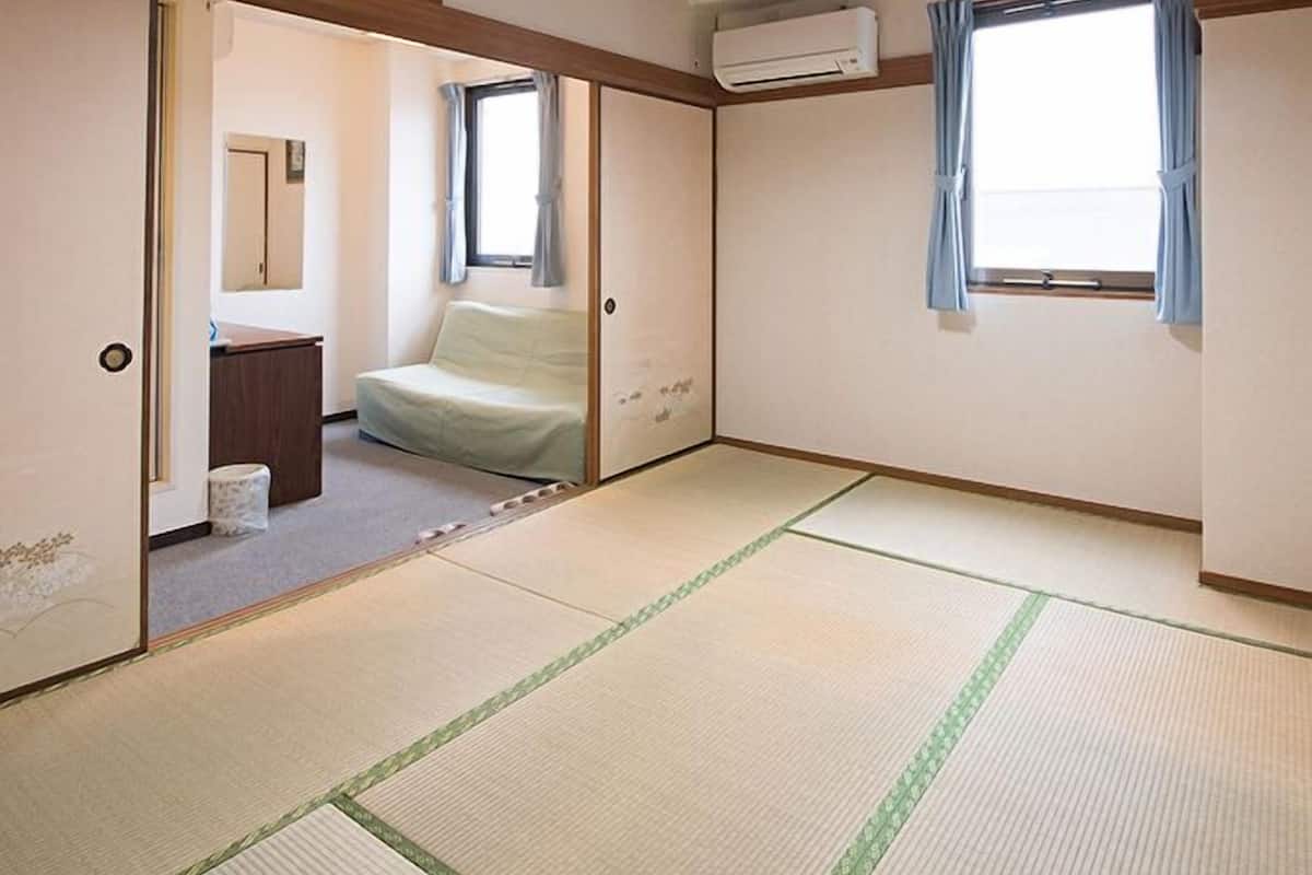 Een traditionele Japanse kamer met tatami vloeren, een schuifdeur, een klein bed, een raam met gordijnen en een airconditioning.