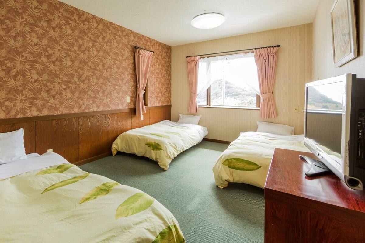 Habitación de hotel con dos camas, televisión y ventana con cortinas.