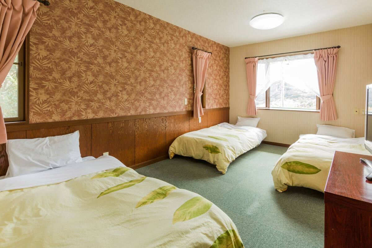 Habitación de hotel con dos camas, un televisor y una ventana con cortinas.