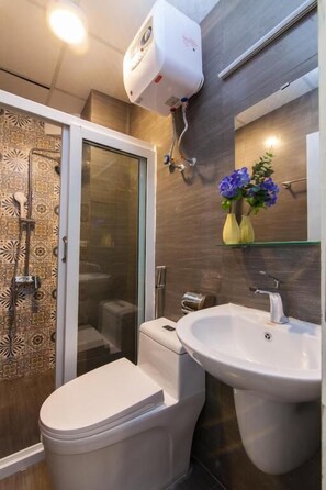 Shower, free toiletries, hair dryer, towels